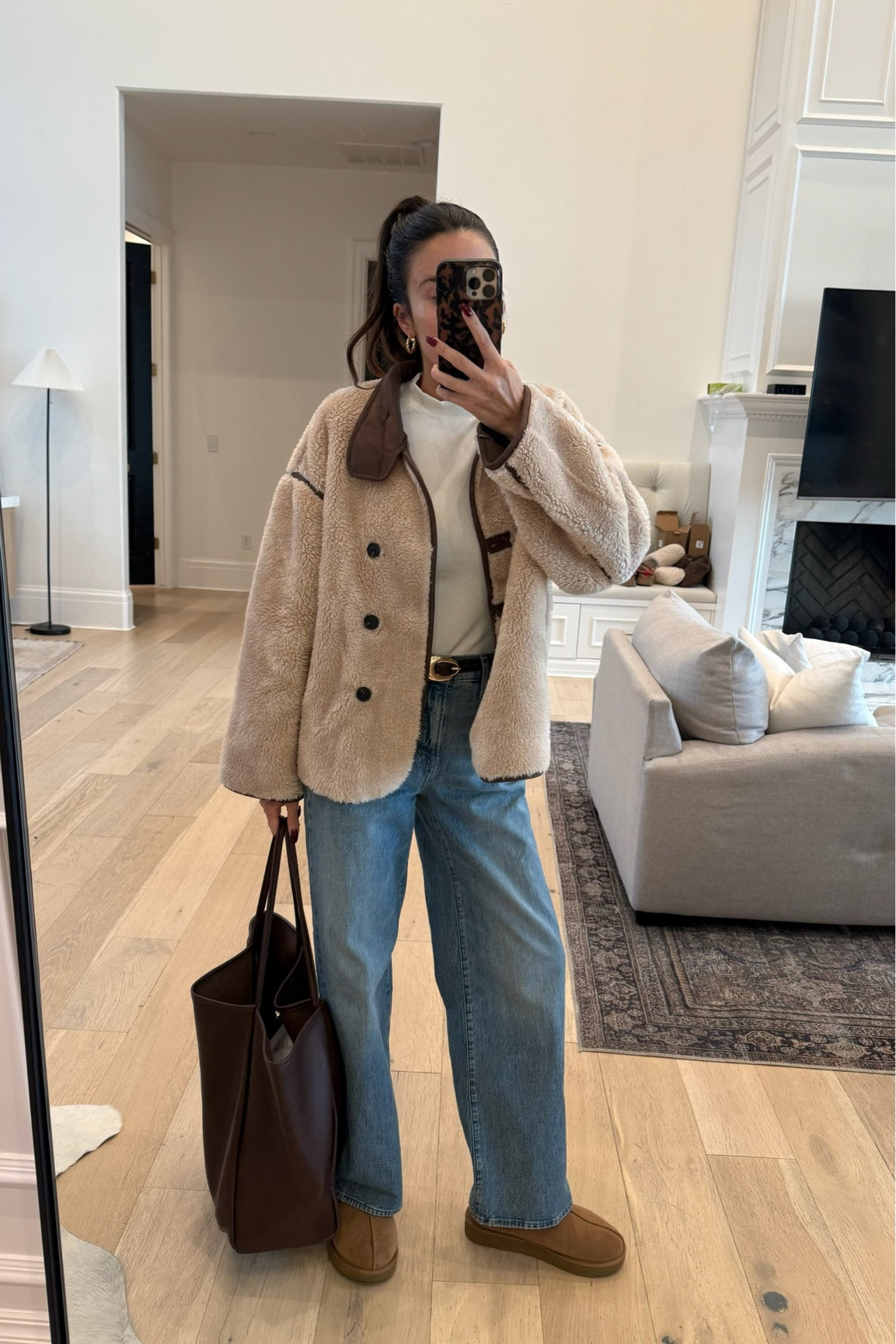 Cozy fall outfit 🤎 loving this new faux fur jacket!  Size up one - I’m wearing size medium 🫶🏼

Fall outfit, winter outfit, casual outfit, mom outfit, amazon finds, amazon fashion, madewell jeans, brown tote, travel tote, travel bag, Uggs, chestnut Uggs, Christine Andrew 

#LTKStyleTip #LTKFindsUnder100 #LTKFindsUnder50