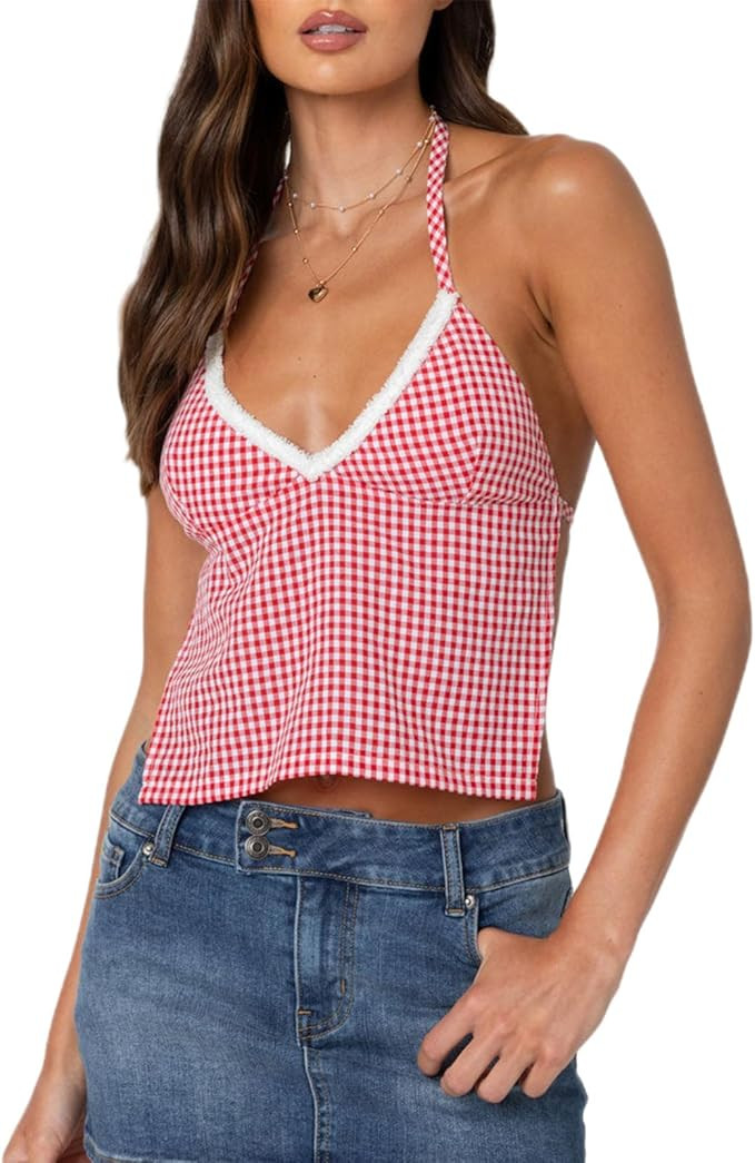 Women Girls Terry Trim V-Neck Halterneck Top Sleeveless Open Back Gingham Tops Strappy Y2K Shirts... | Amazon (US)