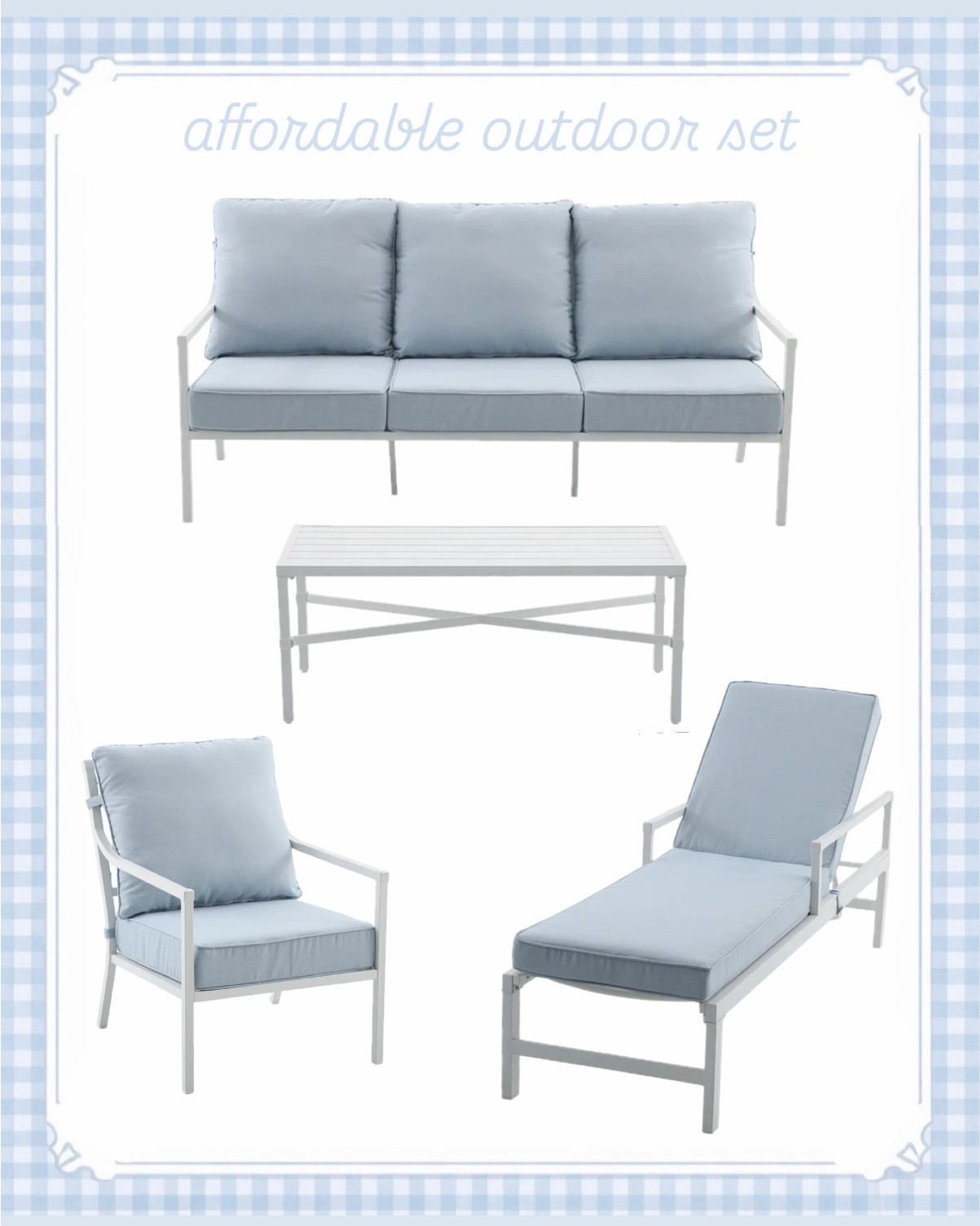 Affordable outdoor furniture just dropped! Love the blue cushions and white frame and also available in black and white 🤍 patio furniture Serena and Lily look for less coastal style outdoor living 