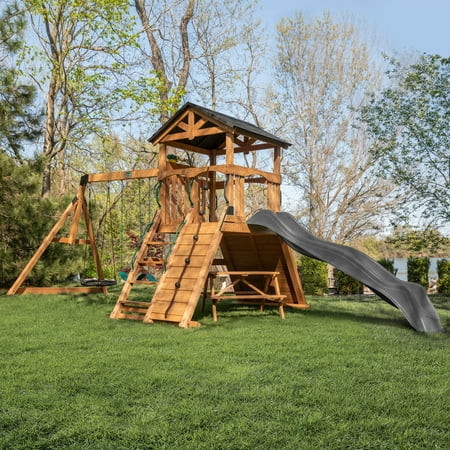 Backyard Discovery Endeavor II Cedar Wood Swing Set, Slide, Play Deck, Double Rock Wall | Walmart (US)