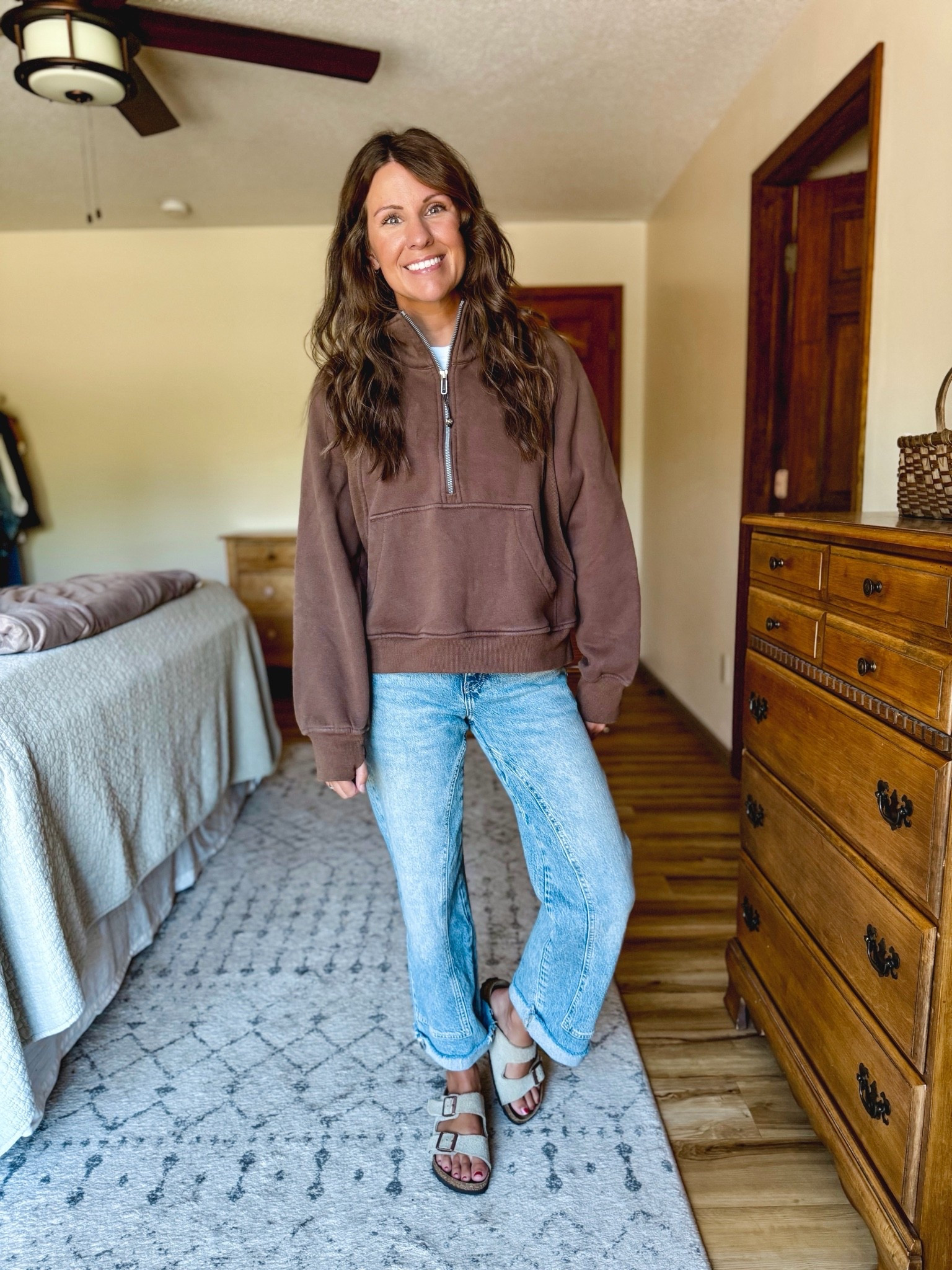 Wearing size small in my tee shirt, small in my zip up sweatshirt (my color is selling out but there’s lots of other colors and I linked similar brown 1/2 zips) and 0 short in my jeans (short is sold out, but the regular is still fully stocked and they’re a raw hem so think you could just cut them?). 
My Birkenstock sandals fit true to size at size 36🤎

#LTKPetite #LTKgrwm #LTKSeasonal