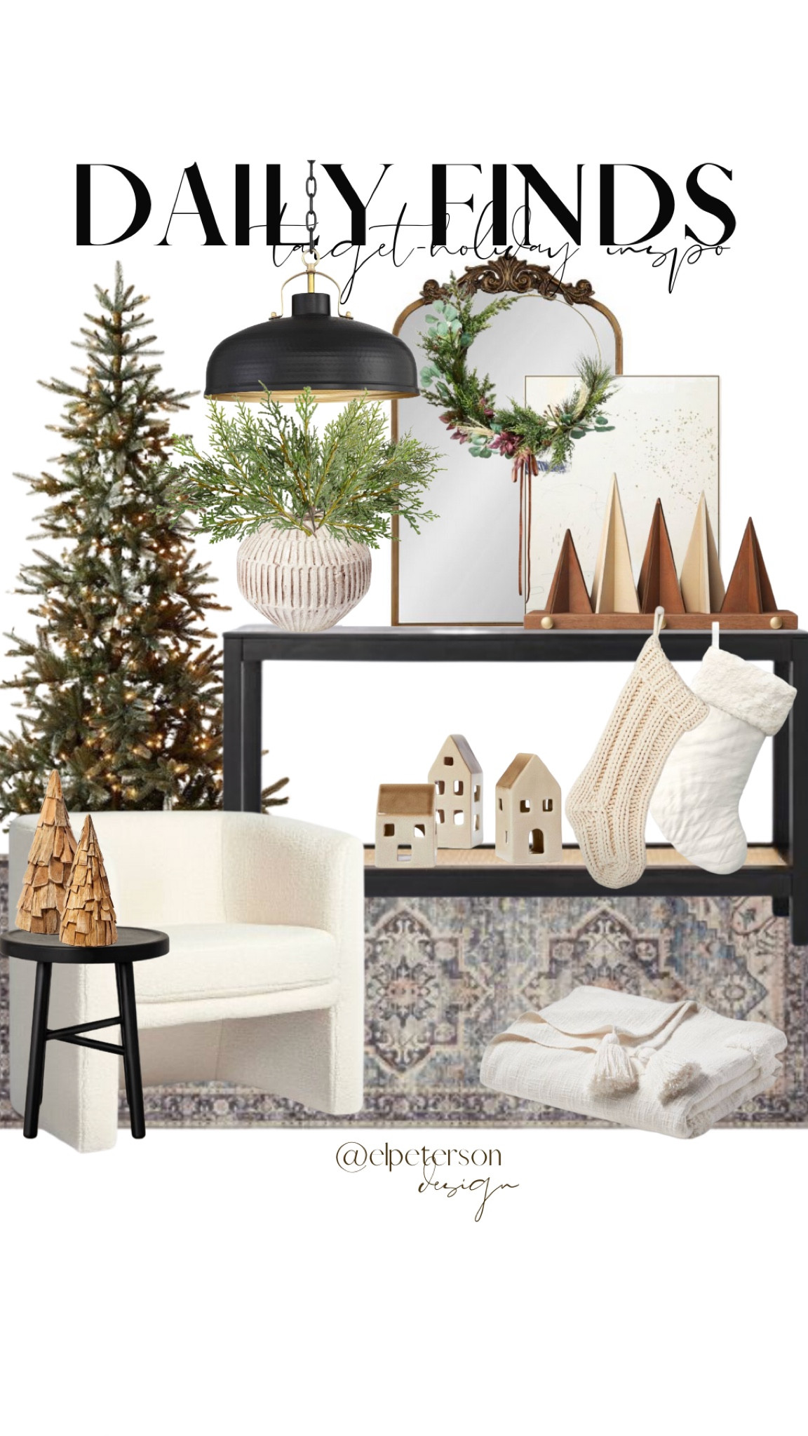 Accent table
Christmas tree
Wreath stockings
Christmas village
Console table
Mirror 
Runner
Accent chair
Pendant light 

#LTKunder50 #LTKunder100 #LTKHoliday