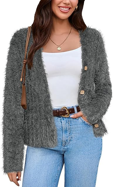 GRACE KARIN Women's Fuzzy Cardigan Long Sleeve Open Front V-Neck Button Down Loose Knit Sweater O... | Amazon (US)