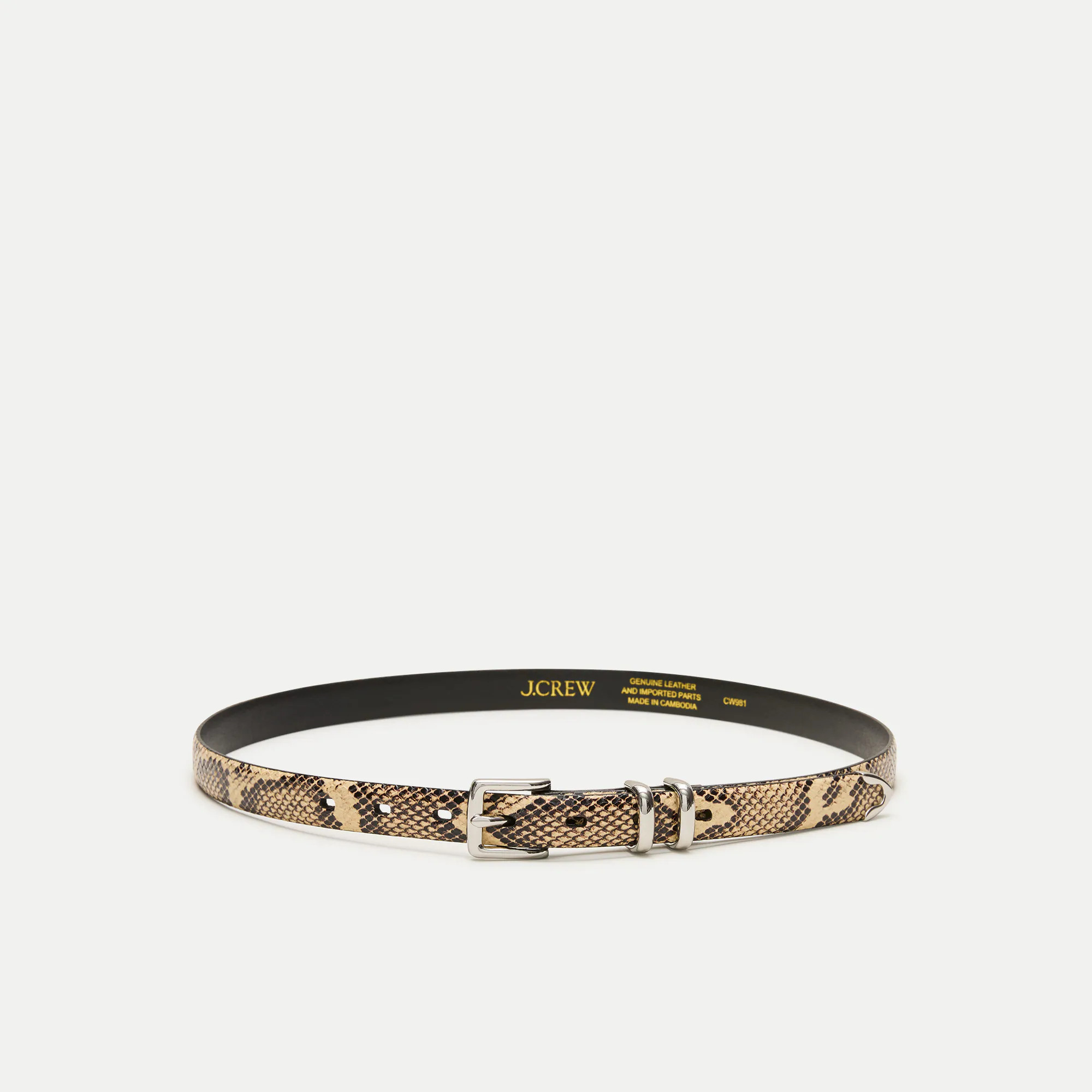 Thin tipped belt in snake-embossed leather | J. Crew US