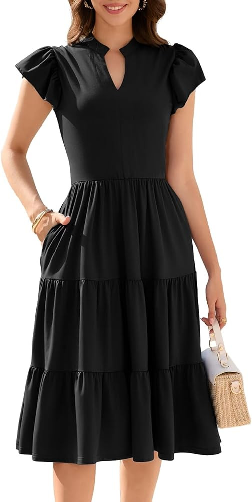 Women's Spring Summer Casual Dress, V-Neck Flying Sleeves Solid A-Line Layered Boho Style Beach V... | Amazon (US)