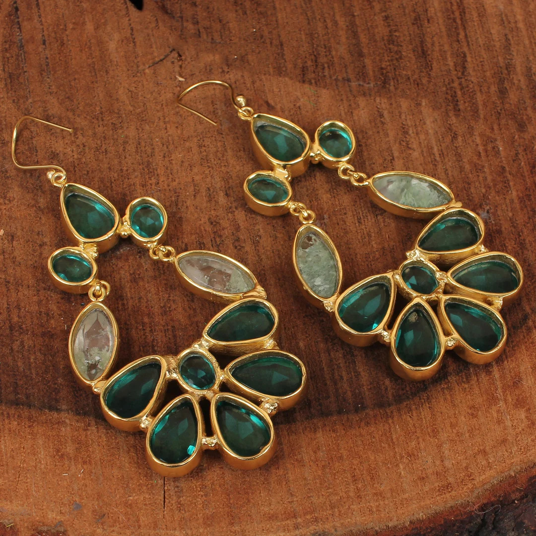 Apatite & Aqua Crackle Glass Earrings, Women Handmade Earrings, Gold Plated Earrings, Gemstone Ea... | Etsy (US)