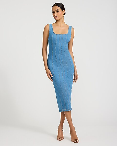 Stretch Denim Scoop Neck Seamed Midi Dress | Express