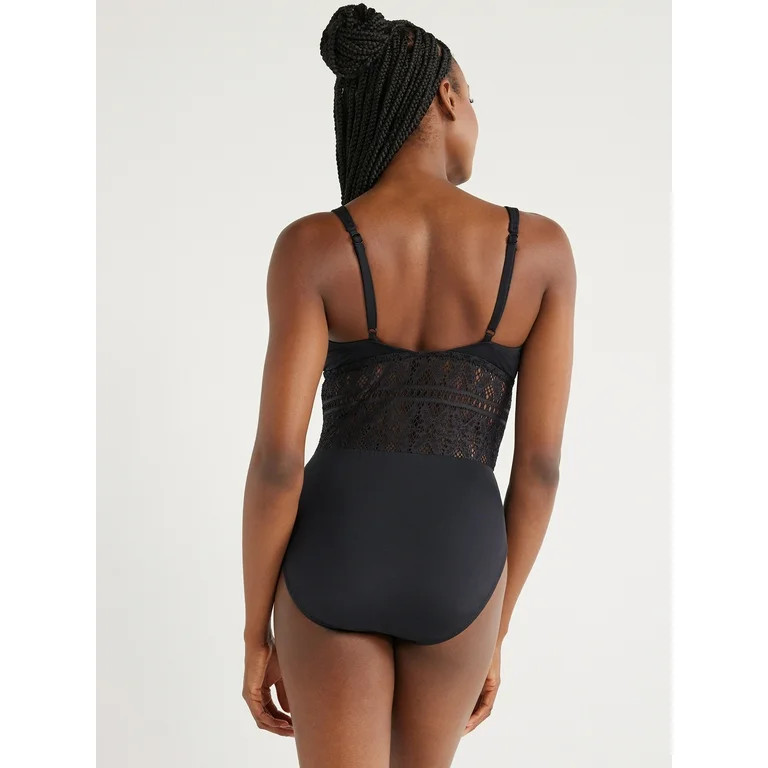 Time and Tru Women’s and Plus Black Crochet Plunge One Piece Swimsuit - Walmart.com | Walmart (US)