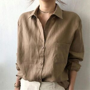 Zara 100% linen Button Down Shirt Tan Size Medium Casual | Poshmark