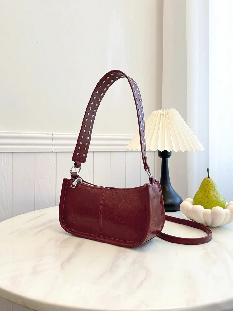 Hot Girl Style New Fashion Women's Retro PU Underarm Bag, Rivet Decoration Inlay Design Simple Solid Color Shoulder Bag, Wine Red Hot Girl Bag, Street Style Shoulder Bag, Zipper Closure Women's Wallet, Suitable For Shopping Girls Party And Travel, Clothing Matching, Participating In Favorite Activities | SHEIN
