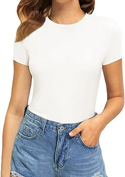 MANGOPOP Women's Round Neck Short Sleeve T Shirts Basic Bodysuits | Amazon (US)