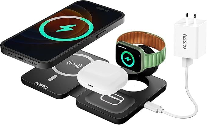 Miady 3 in 1 Wireless Charger for iPhone Mag-Safe, Foldable Magnetic Charging Station, 18W Fast T... | Amazon (US)
