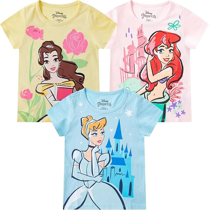 Disney Princess Ariel, Cinderella, Belle, Girls 3 Piece Short Sleeve T-Shirt for Toddler and Big ... | Amazon (US)