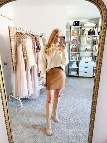 Neutral outfit for fall family photos. Loving this top from Express to pair with a faux leather skirt. Wearing a small in the top and skirt  

#LTKunder100 #LTKfamily #LTKstyletip