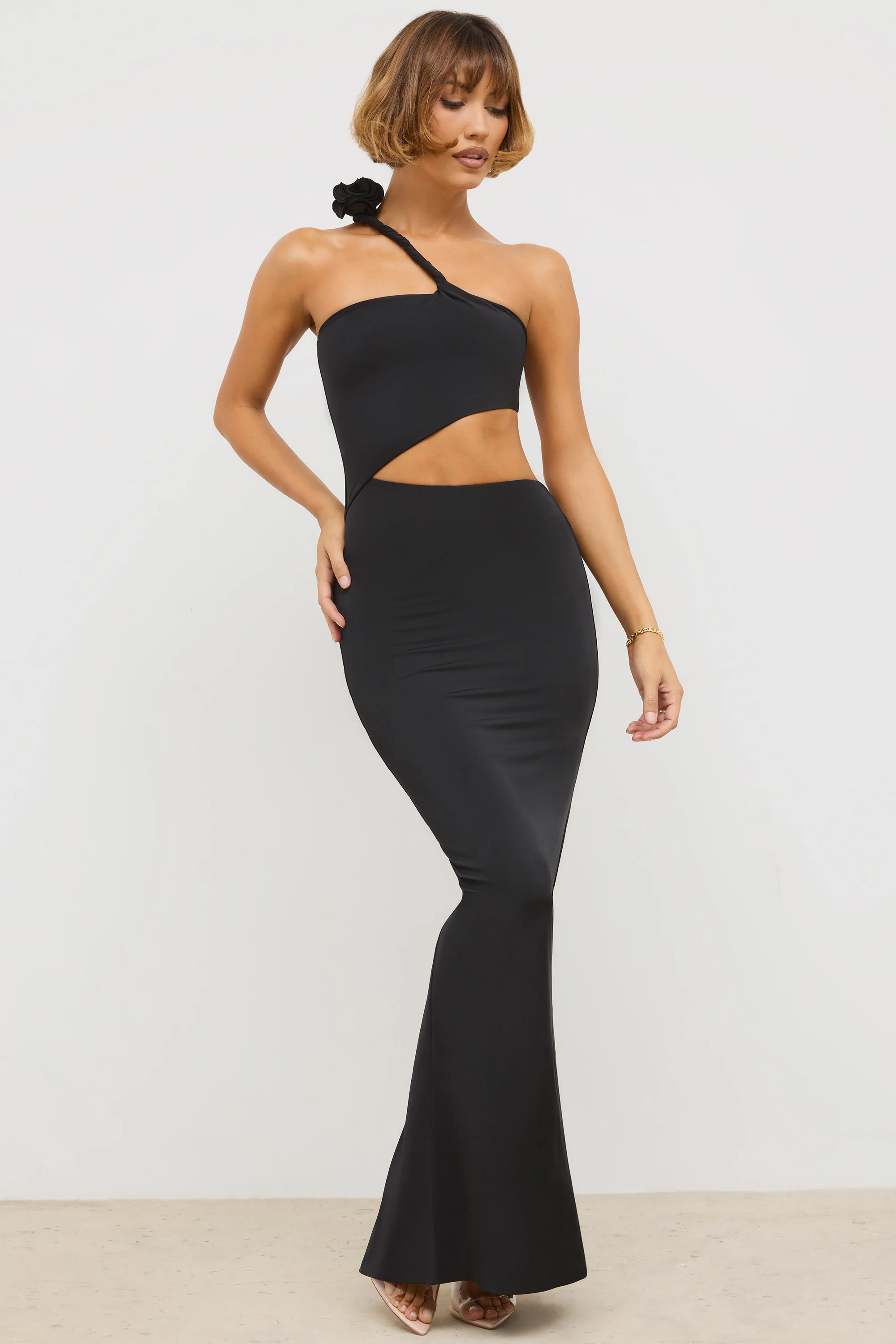 Premium Jersey Asymmetric Cut Out Maxi Dress in Black | Oh Polly