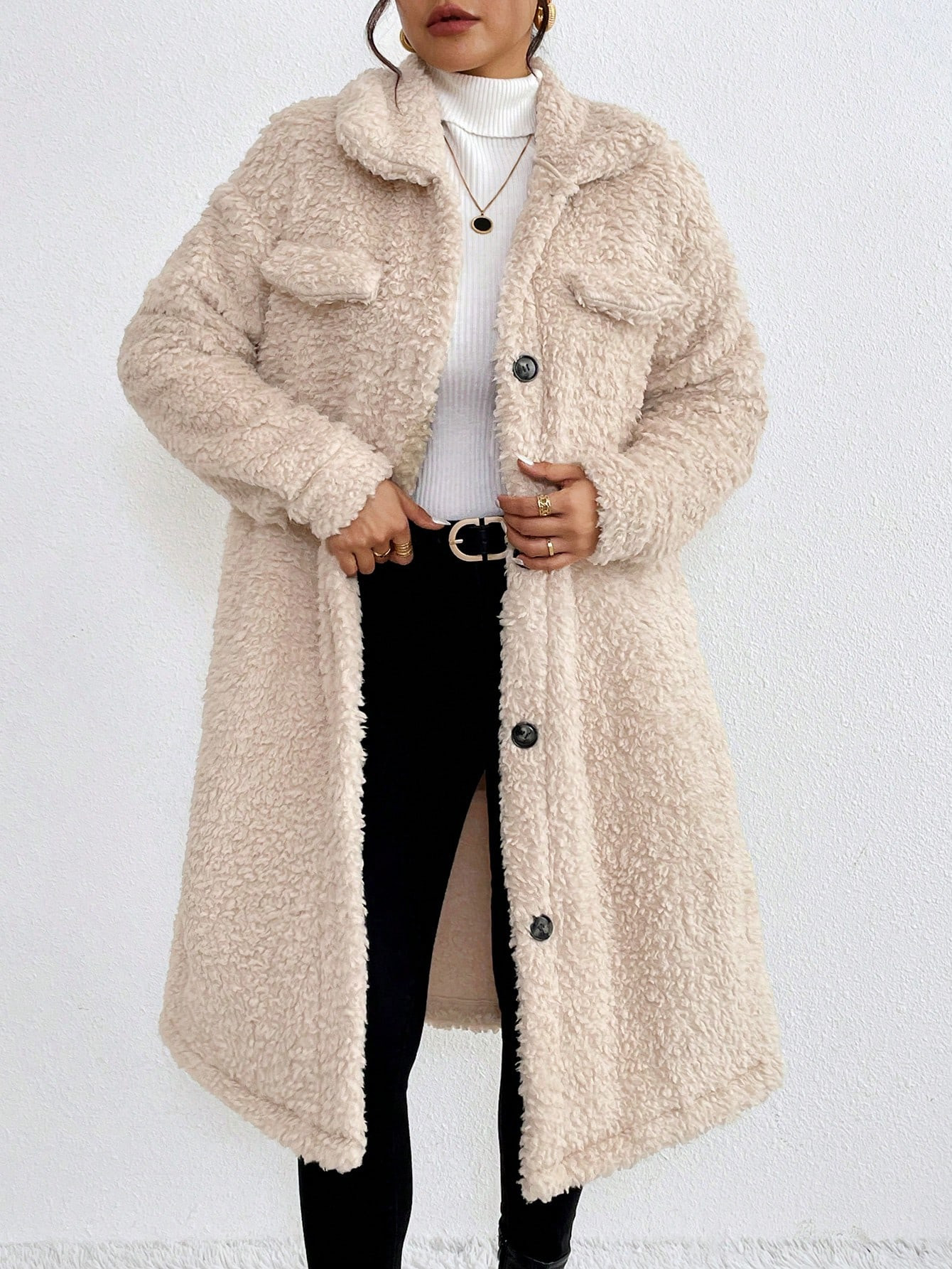 SHEIN Frenchy Women's Solid Color Fleece Lapel Front Button Regular Fit Winter Jacket,Warm  Winte... | SHEIN