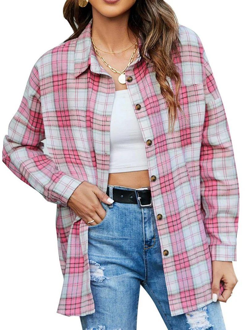 Fantaslook Plaid Flannel Shirts for Women Oversized Long Sleeve Button Down Shirts Blouses Tops | Walmart (US)