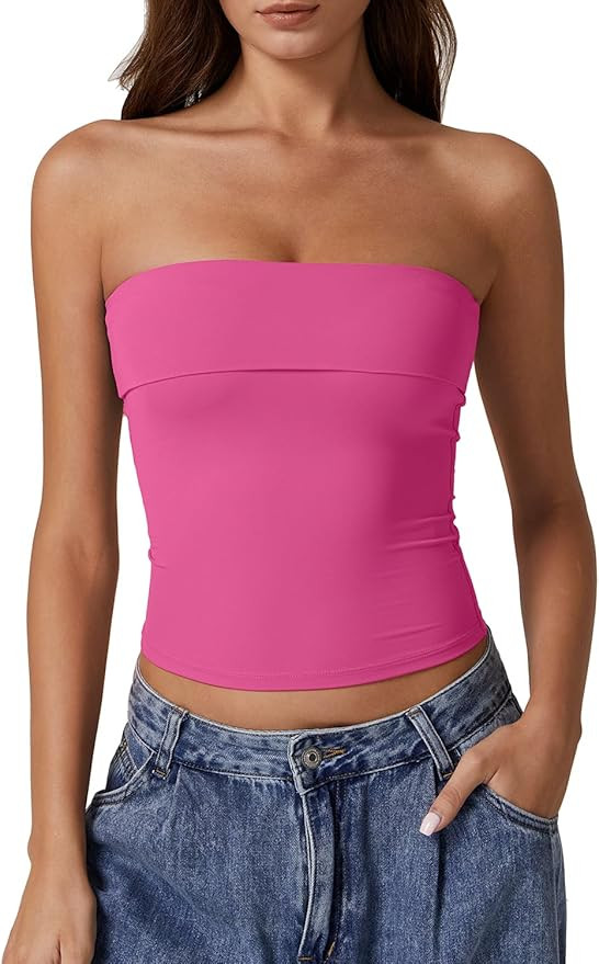 QINSEN Women's Tube Tops Strapless Bandeau Tops Double Lined Slim Fit Summer Going Out Tank Tops | Amazon (US)