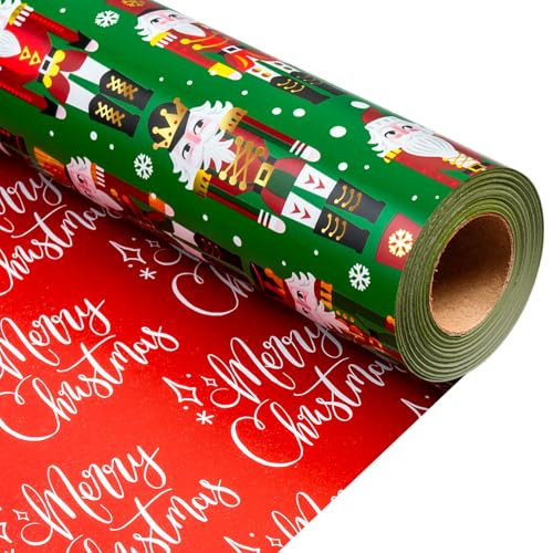 MAYPLUSS Christmas Nutcracker Wrapping Paper, Reversible Christmas Gift Wrapping Paper, Funky Cute Green Nutcracker Print Thick Gift Wrap Metallic Foil Paper for Holiday (Mini Roll, 17 Inch X 33 Feet) | Amazon (US)