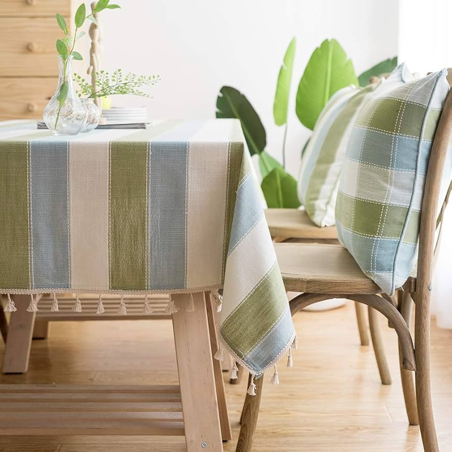 LINENLUX Striped Cotton Linen Tablecloth/Table Cover with Tassel Blue Green Rectangle/Oblong 53 X... | Amazon (US)