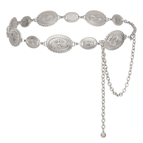 WERFORU Western Chain Belt for Women Metal Chain Belt Metal Concho belt women Boho Chain Belt,A-silver,Fit Waist Size 39"-45" | Amazon (US)
