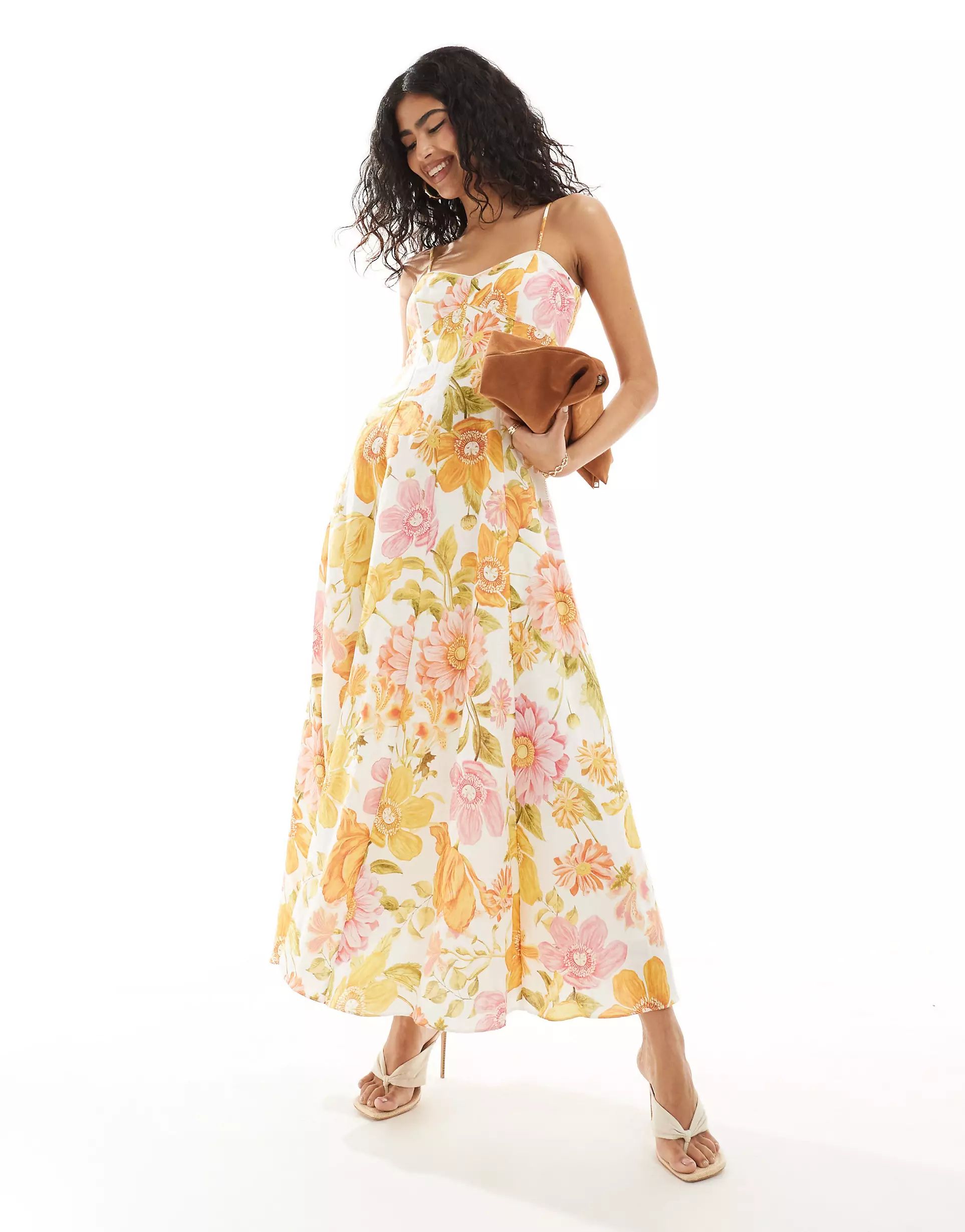 Forever New strappy midaxi dress in yellow and pink floral | ASOS (Global)