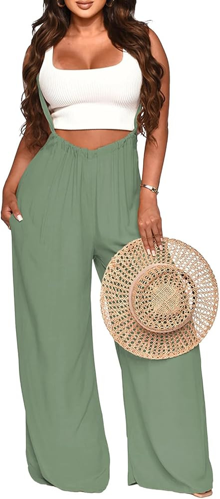 Nimsruc Womens Jumpsuit Casual Loose Sleeveless Adjustable Spaghetti Straps Wide Leg Pants Baggy ... | Amazon (US)