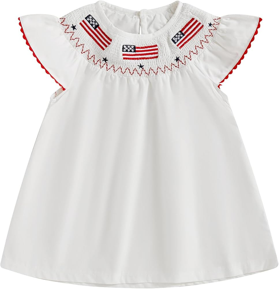 Toddler Baby Girl 4th of July Clothes USA Flag Embroidery Smocked Dress Flutter Sleeve Princess D... | Amazon (US)