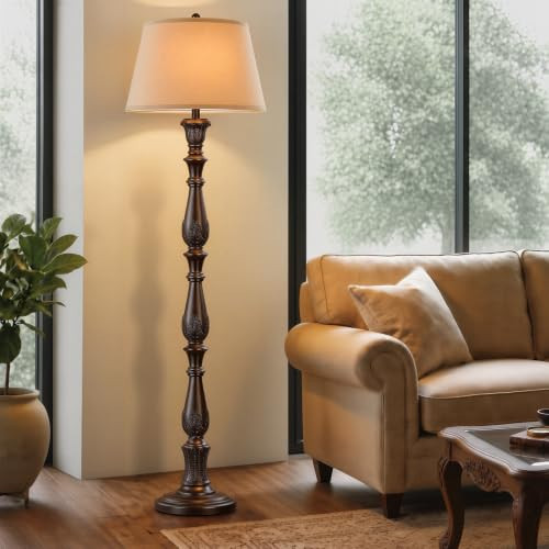 65.5‘’ Vintage Floor Lamp for Living Room, Antique Tall Floor Lamp with Linen Shade, Traditional Retro Resin Carved Standing Lamp with Rotary Switch for Bedroom Office Corner Home Decor, Brown | Amazon (US)