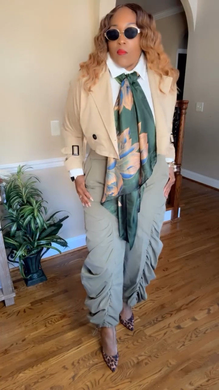 Today’s Mood: Elevated Chic Casual with a touch of luxe: cropped trench, statement scarf, ruched pants, and a little leopard to set it off. 💼➡️🍸

Jacket: @amazonfashion 
Pants: @sheinofficial  @shein_us 
Shirt: @sheinofficial @shein_us 
Scarf: @sheinofficial 
Shoes: @ninewest 

#OOTD #ChicAndEffortless #ElevatedChic #CasualChic #OfficeStyle #AfterWorkStyle #StyleInspo #StyleCreator #ltkmidsize #tallgirlstyle