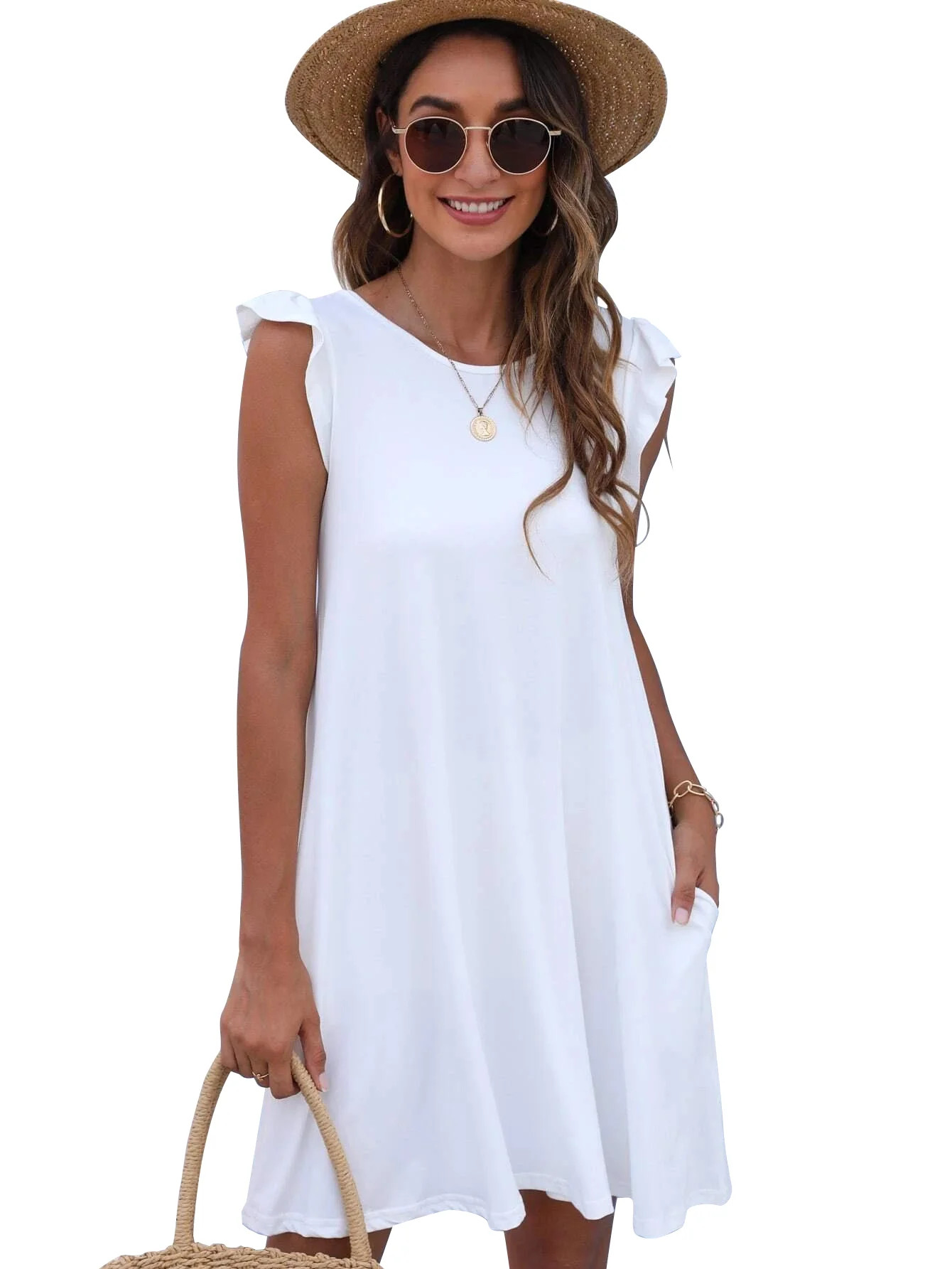 CALIPESSA Womens Summer White Ruffle Armhole Solid Round Neck Sleeveless A Line Pocket Casual Dre... | Walmart (US)