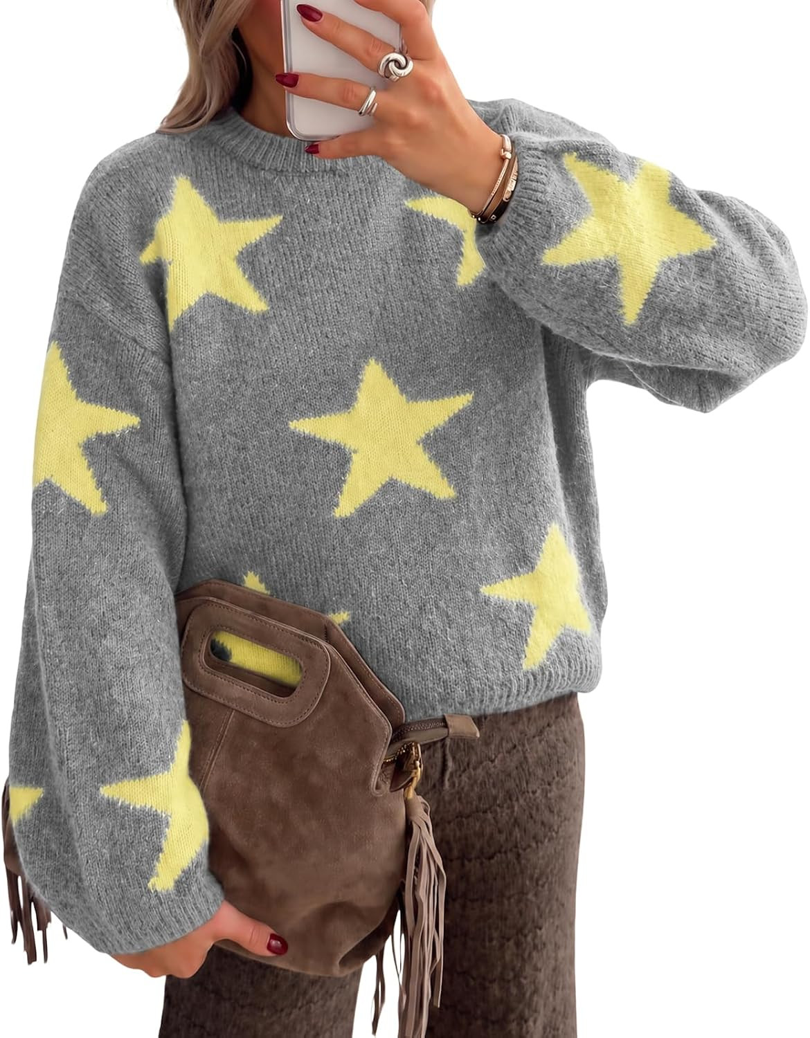 Cicy Bell Women Star Pattern Pullover Sweater Crew Neck Long Sleeve Sweater | Amazon (US)