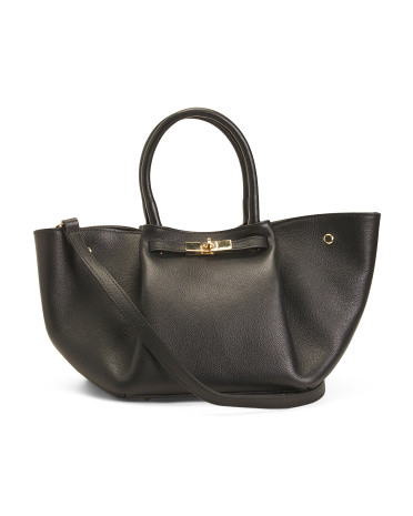 Leather East West Folded Satchel With Turn Lock Belt, Leather/Gold | TJ Maxx
