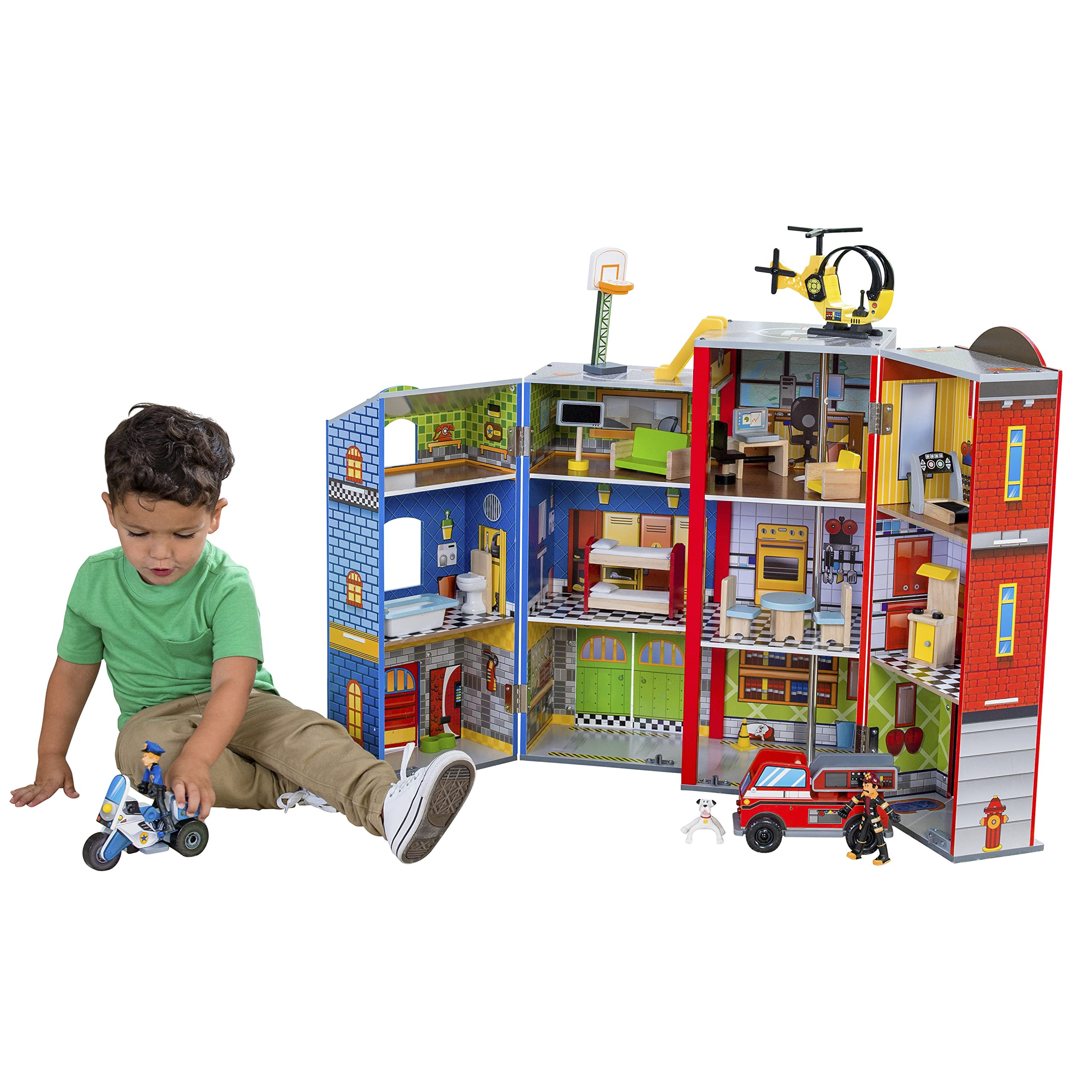 KidKraft Everyday Heroes Wooden Playset, 3-Story with 26-Piece Accessories, Foldable for Storage | Amazon (US)