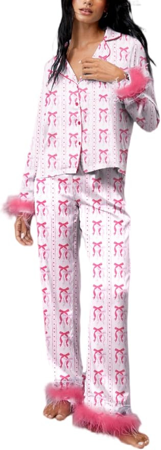 Bow Pajamas with Feathers for Women Valentines Day Pink Heart Pjs Pants Set Holiday Button Shirt ... | Amazon (US)