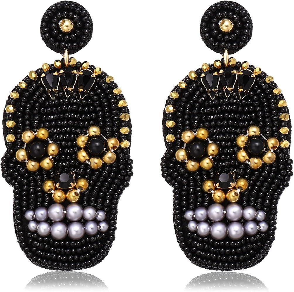 Halloween Skull Earrings Handmade Big Skull Beaded Dangle Earrings Goth Sugar Skull Drop Earrings... | Amazon (US)