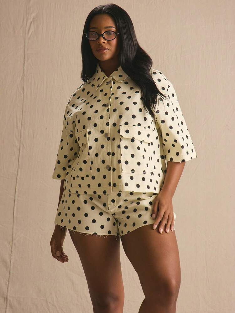 MUSERA Plus Size Polka Dot Denim Button Through Short Sleeve Top Spring Summer Elegant Cute Vacat... | SHEIN