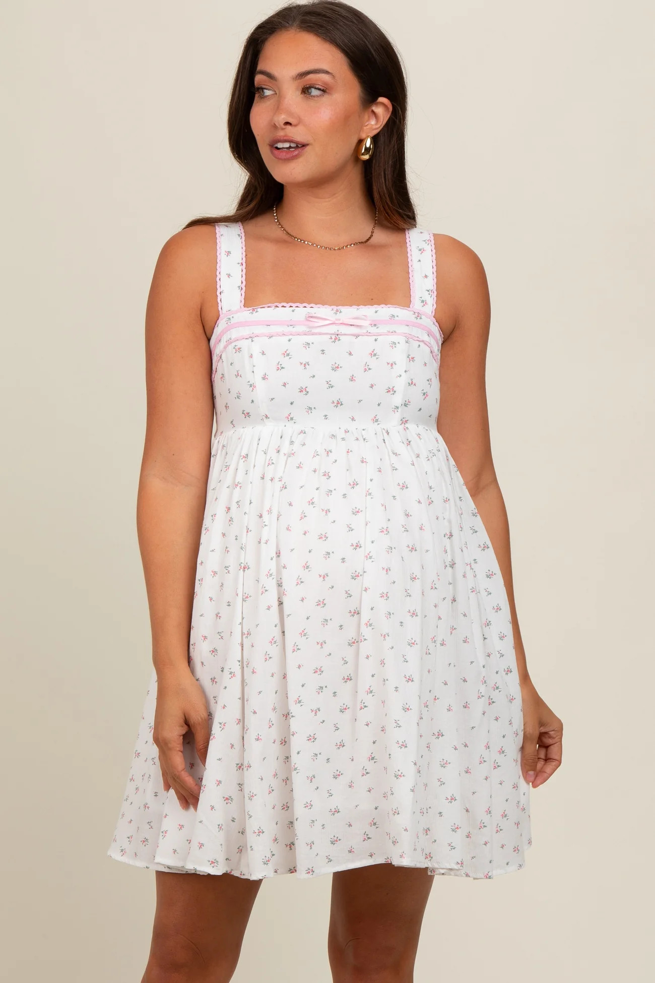 Light Pink Floral Bow Detail Maternity Mini Dress | PinkBlush Maternity