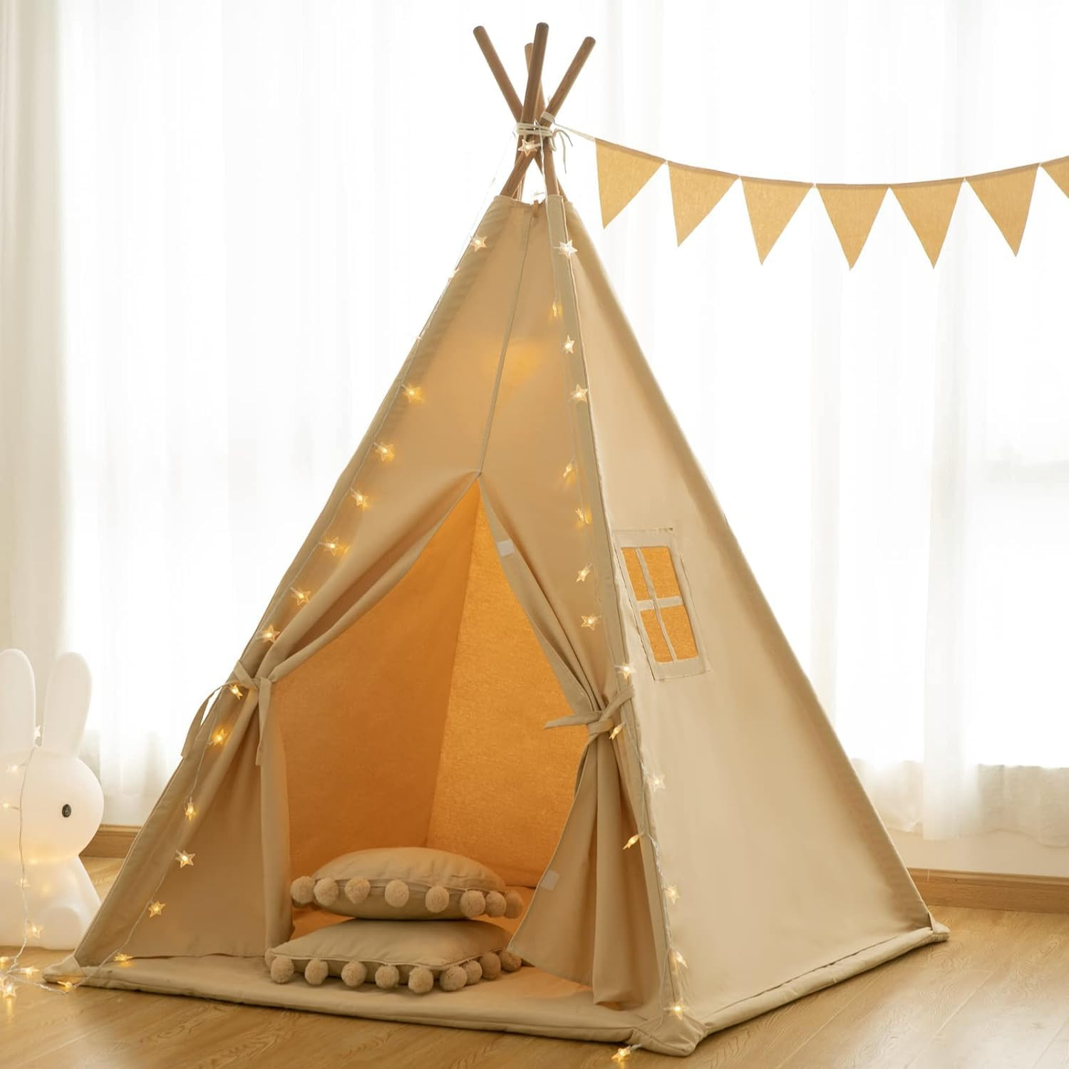 Teepee Tent for Kids-Portable Children Play Tent Indoor Outdoor (Apricot with Mat) | Amazon (US)