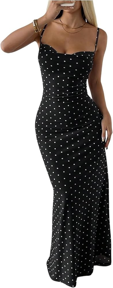 SweatyRocks Women's Spaghetti Strap Bodycon Backless Maxi Dress Polka Dots Cowl Neck Fishtail Lon... | Amazon (US)