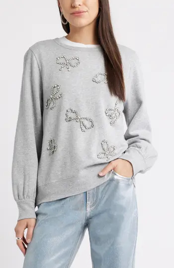 Caslon® Crystal Bow Embellished Sweatshirt in Grey Heather Bow Embellishment at Nordstrom Rack, Size Large | Nordstrom Rack