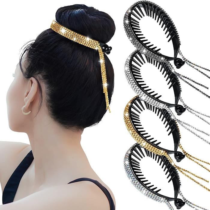 4 Pack Glitter Rhinestone Ponytail Hair Holders - Nest Barrettes, Bun Clips and Rhinestone Hair A... | Amazon (US)