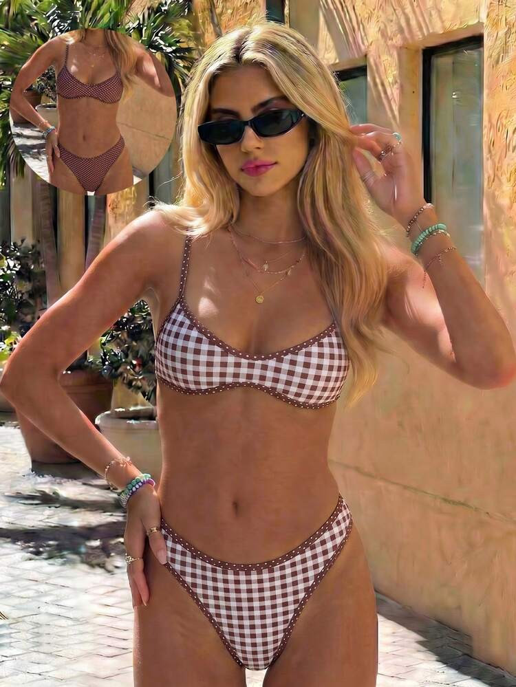 Swim Mod Women's Summer New Polka Dot & Striped Print Reversible Bandeau Bikini, Fashionable Beac... | SHEIN