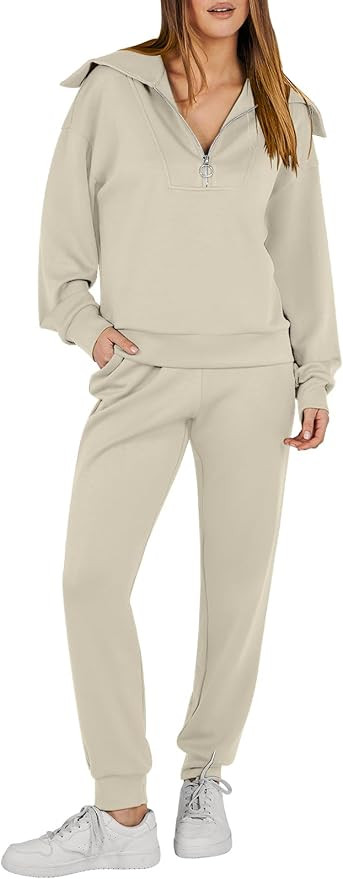 ANRABESS Women 2 Piece Outfits Sweatsuit Set Fall Fashion Half Zip Sweatshirt Jogger Sweatpants L... | Amazon (US)