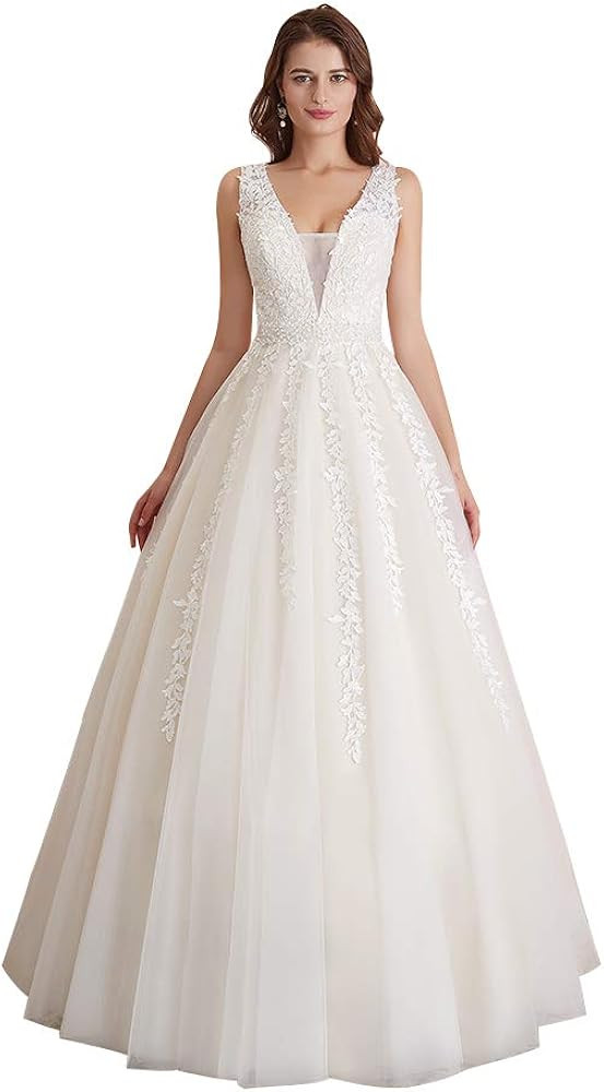 Abaowedding Women's Wedding Dress for Bride Lace Applique Evening Dress V Neck Straps Ball Gowns | Amazon (US)