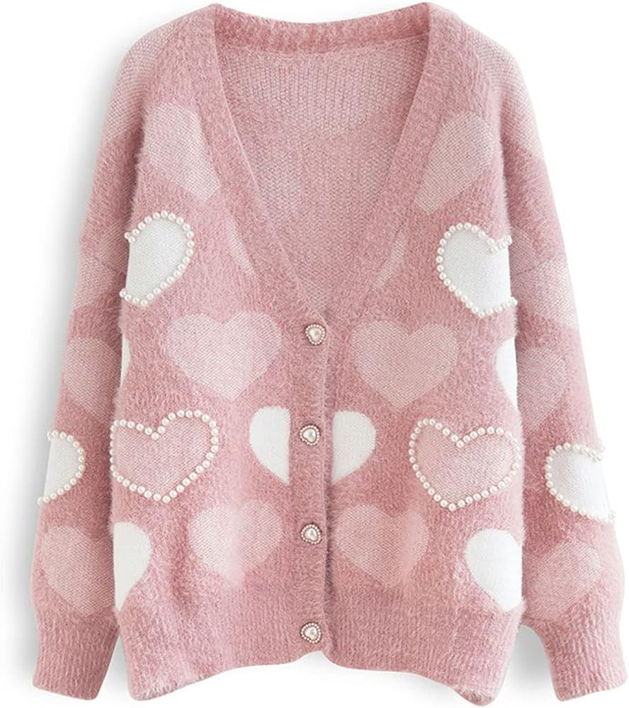 CHICWISH Women's Comfy Casual Pink Fuzzy Hearts Knit Sweater Pullover Sweatershirt | Amazon (US)