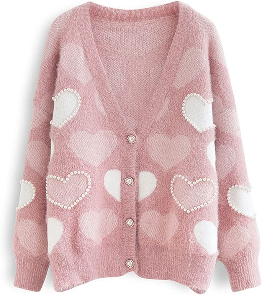 CHICWISH Women's Comfy Casual Pink Fuzzy Hearts Knit Sweater Pullover Sweatershirt | Amazon (US)