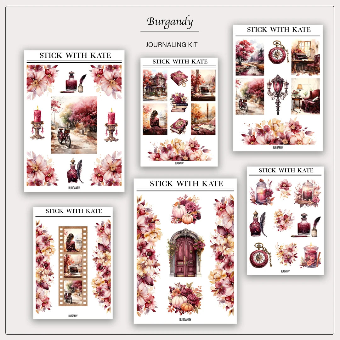 Burgundy Journaling Kit | Scene Stickers | Planner Stickers | Etsy (US)