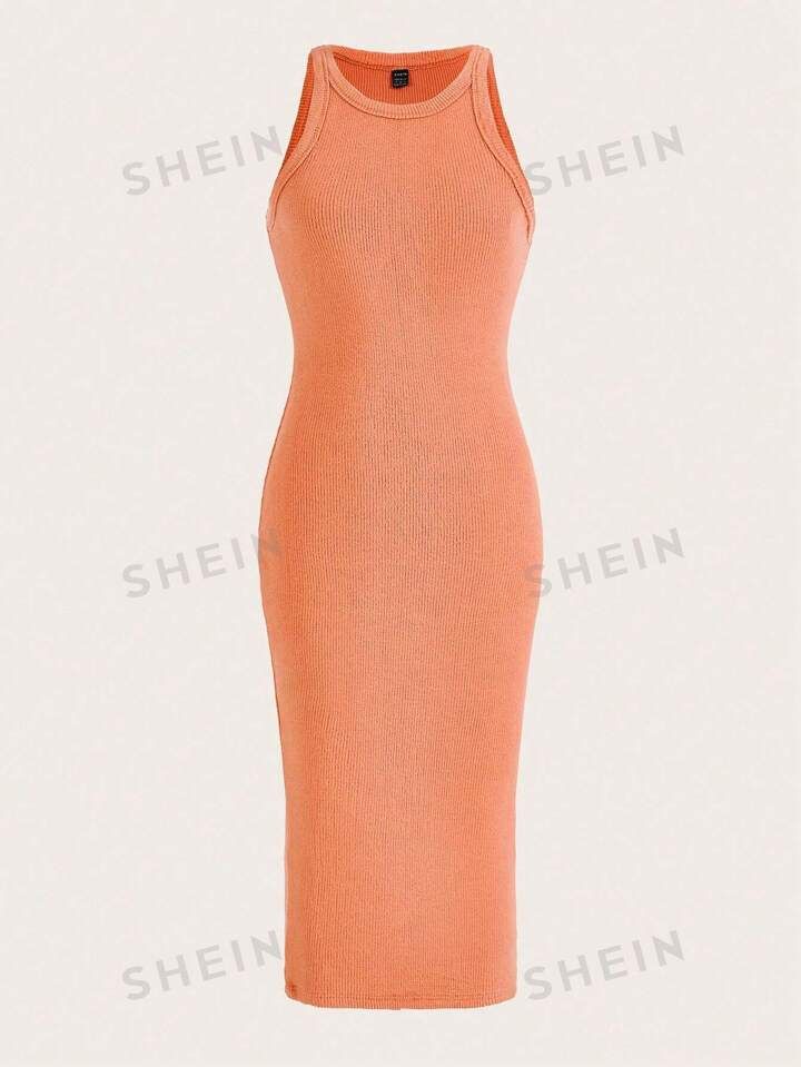 SHEIN EZwear Solid Ribbed Knit Tank Dress | SHEIN