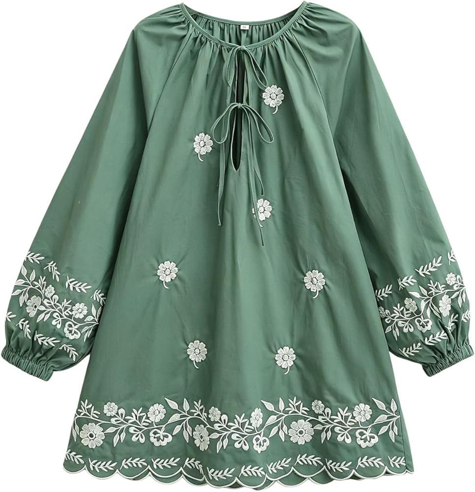 Joiemont Womens Embroidered Long Sleeve Mini Dress Loose Fit Vintage Embroidery Dress with Double... | Amazon (US)